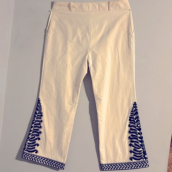 Tory Burch cream bell bottoms embellished with BLACK beads & BLACK embroidery